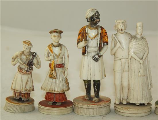 Ten 19th century Indian carved and painted ivory figures, largest 3.75in.